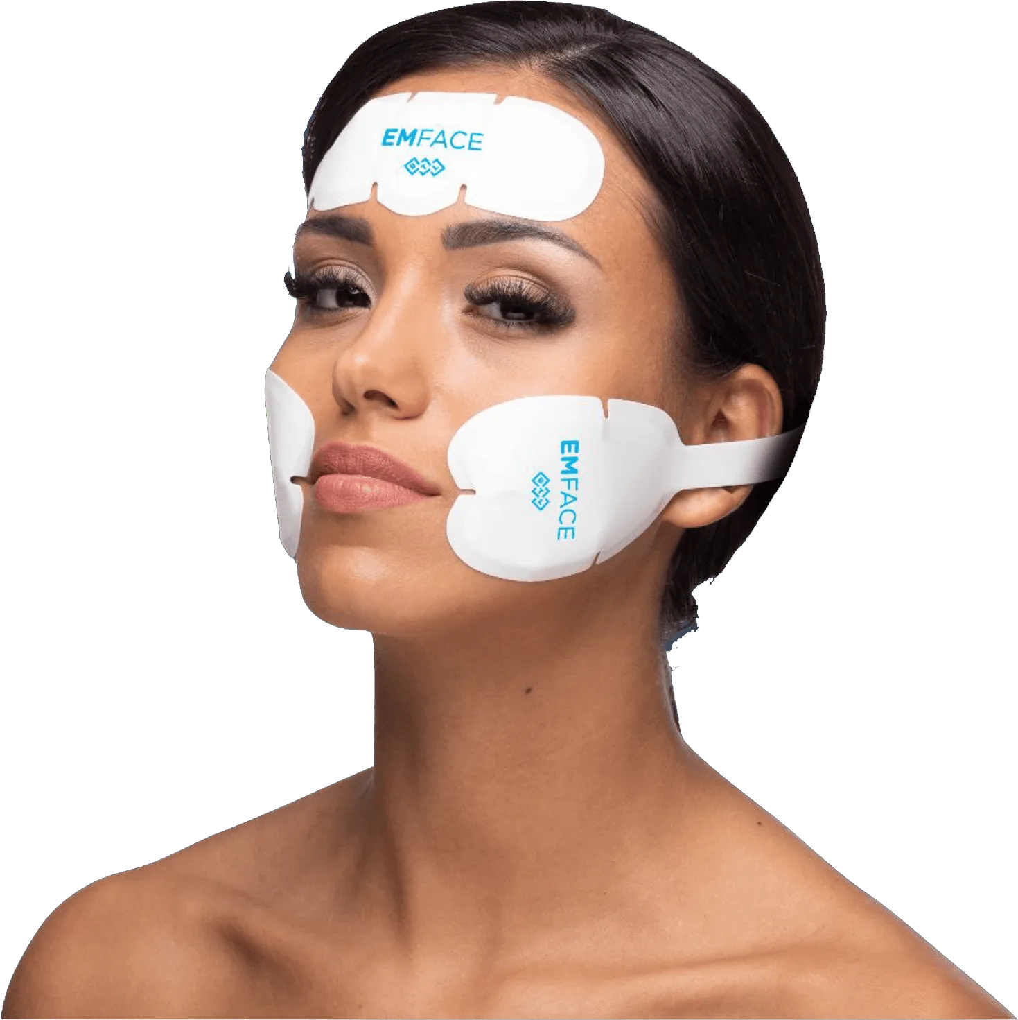 Woman wearing facial treatment applicators on her forehead and cheeks, EMface facial toning Dublin